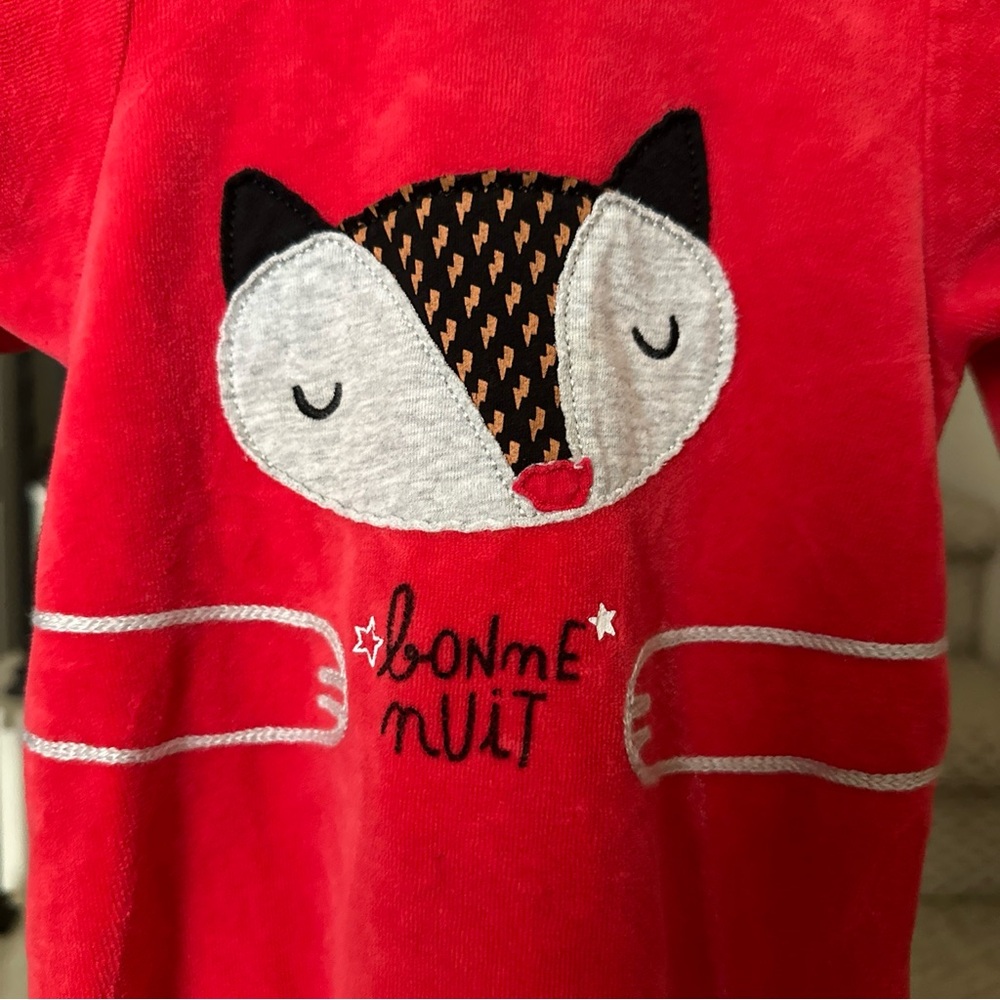 Boutique French Brand Catimini Red Baby Velvet Bodysuit Fox Motif Size 6-9M